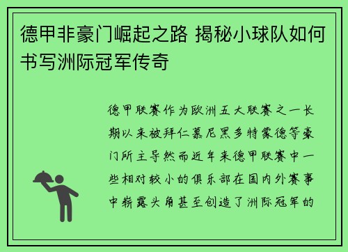 德甲非豪门崛起之路 揭秘小球队如何书写洲际冠军传奇