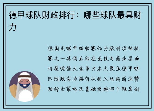 德甲球队财政排行：哪些球队最具财力